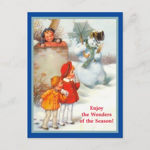 Smiling Snowman Kids  Umbrella Vintage Holiday Postcard