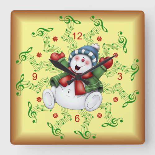 Smiling Snowman  Musical Scrolls  Christmas  Square Wall Clock