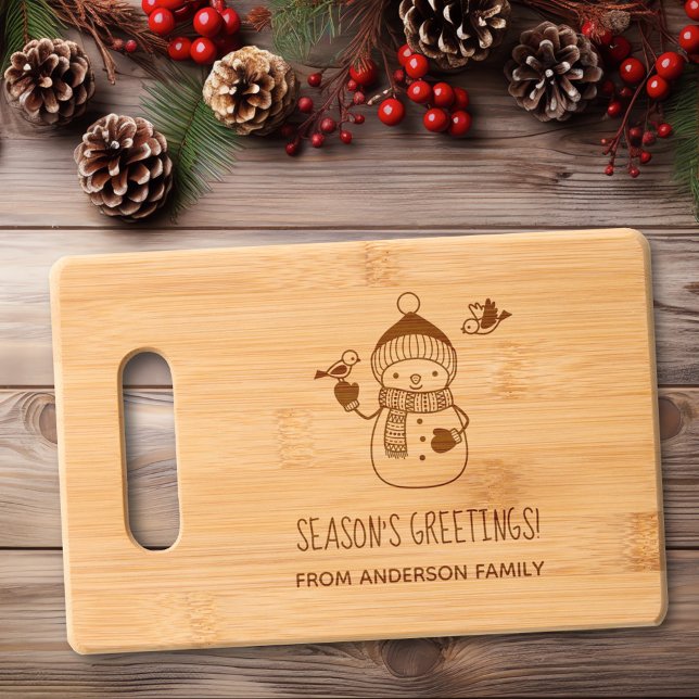 Smiling Snowman Seasons Greetings Engraved Cutting Board (Creator Uploaded)