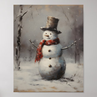 Smiling Snowman Wearing Hat & Red Scarf In Forest Poster