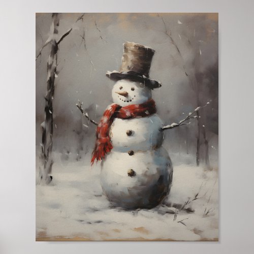 Smiling Snowman Wearing Hat  Red Scarf In Forest Poster