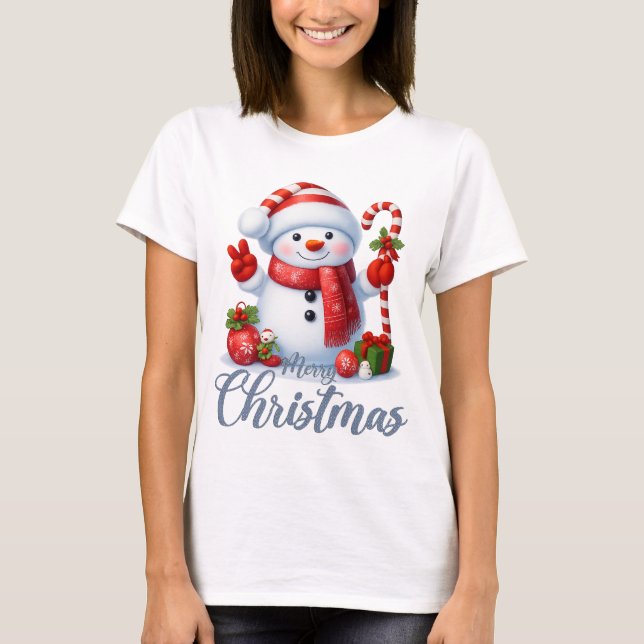 Smiling Snowman With Candy Cane Christmas Tee (Front)