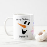 Smiling Snowman With Open Mouth. Merry Christmas Coffee Mug<br><div class="desc">This wonderful coffee mug features an image of a funny snowman with an open mouth. A template text "Merry Christmas" is located above the image, a template name "CHARLOTTE" goes under the image. Two snowflakes of pink and blue colors are in the middle of the mug. The design is fully...</div>
