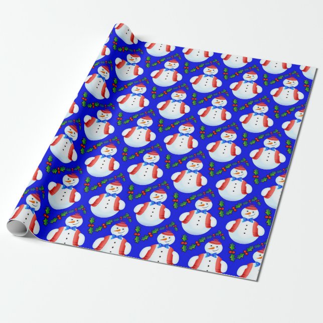 Smiling Snowmen and Holly Wrapping Paper (Unrolled)