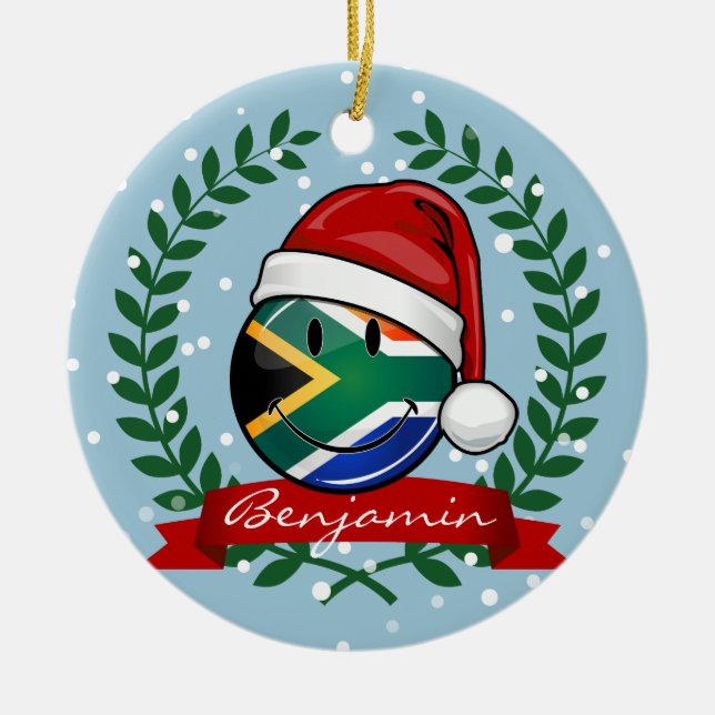 Smiling South African Flag Christmas Style Ceramic Ornament (Front)