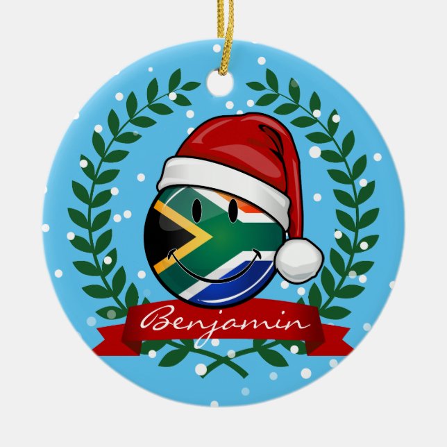Smiling South African Flag Christmas Style Ceramic Ornament (Front)