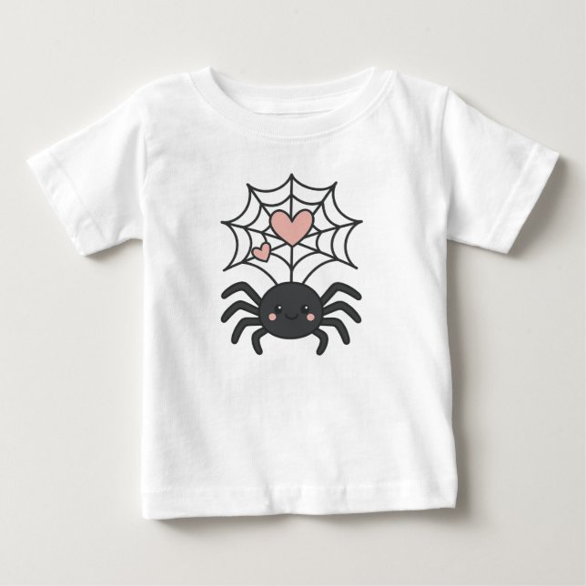 Smiling Spider Weaving a Heart Web Cute Halloween Baby T-Shirt (Front)