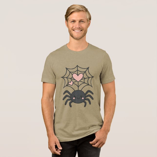 Smiling Spider Weaving a Heart Web Cute Halloween Tri-Blend Shirt (Front Full)