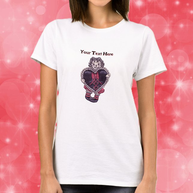 Smiling Spooky Rag Doll With Glack Heart red Bow T-Shirt (Spooky rag doll in red dress with big black heart with a bow on a womans tee shirt.)