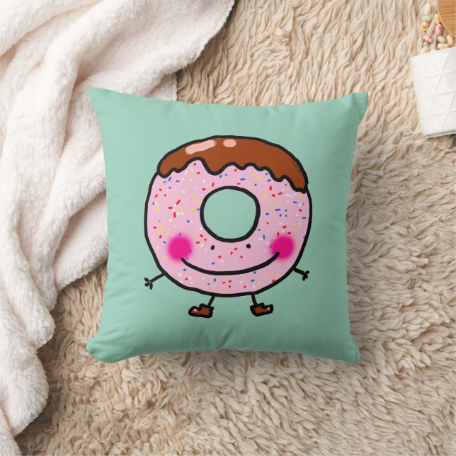 Smiling Sprinkle Donut Character Art Throw Pillow (Blanket)