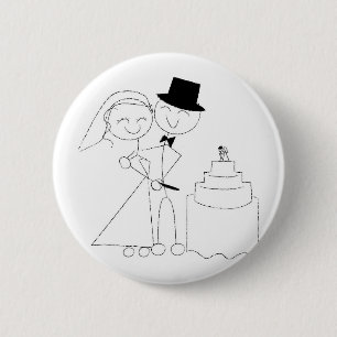 Smiling Stick Figure Couple Cuts the Wedding Cake Pinback Button