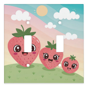 Smiling Strawberry Family – Kawaii Pastel Light Switch Cover