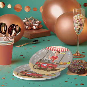 Smiling Street Food Vendor Colorful Food Cart Paper Plates