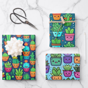 Smiling Succulent and Cacti Plants Cute Designs Wrapping Paper Sheets