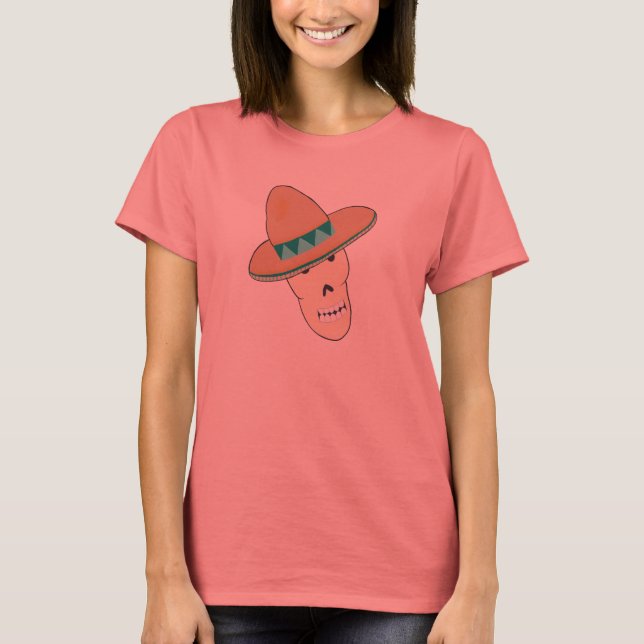 Smiling Sugar Skull wearing a Sombrero Tshirts (Front)