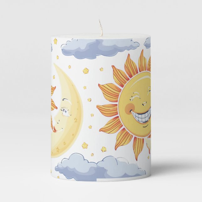 Smiling Sun and Moon in the cloudy sky Pillar Candle (Front)