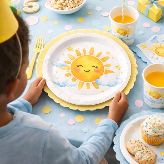 Smiling Sun Blue Clouds Baby Shower Theme Paper Plates (Creator Uploaded)