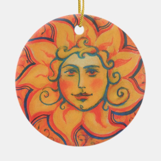 Smiling Sun, Fairytale Fantasy Art, Orange Yellow Ceramic Ornament (Front)