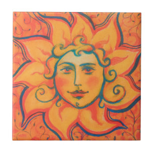 Smiling Sun, Fairytale Fantasy Art, Orange Yellow Ceramic Tile