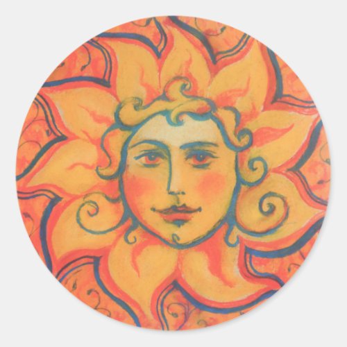 Smiling Sun Fairytale Fantasy Art Orange Yellow Classic Round Sticker