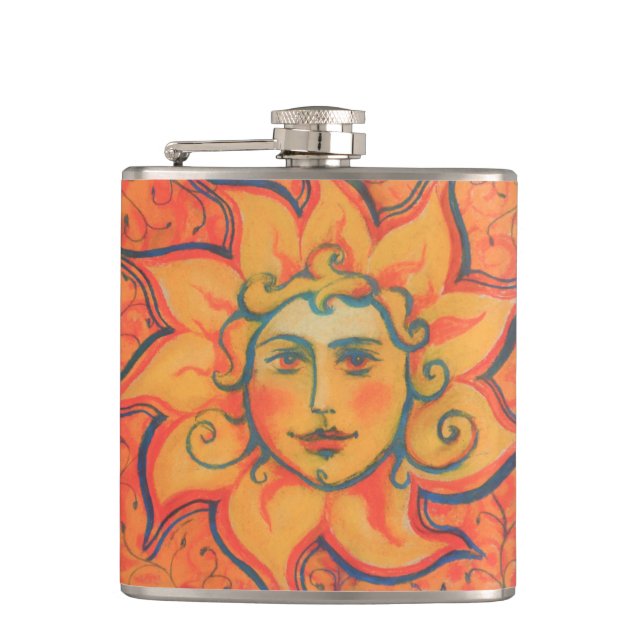 Smiling Sun, Fairytale Fantasy Art, Orange Yellow Flask (Front)