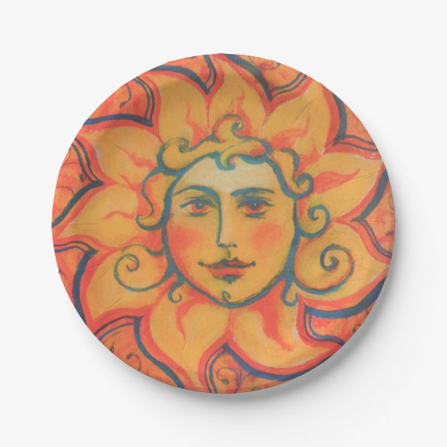 Smiling Sun, Fairytale Fantasy Art, Orange Yellow Paper Plates (Front)