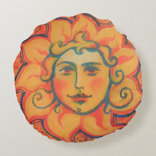 Smiling Sun Fairytale Fantasy Art Orange Yellow Round Pillow