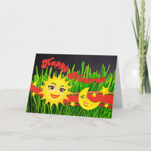 Smiling Sun Moon Green Sabzeh Persian New Year Holiday Card