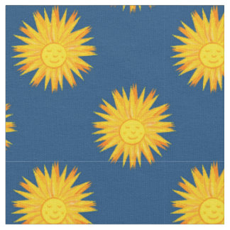 Smiling Sun on Blue-Modern Celestial Patterned Fabric