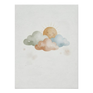 Smiling Sun Poster with Clouds/Cute Room Decor