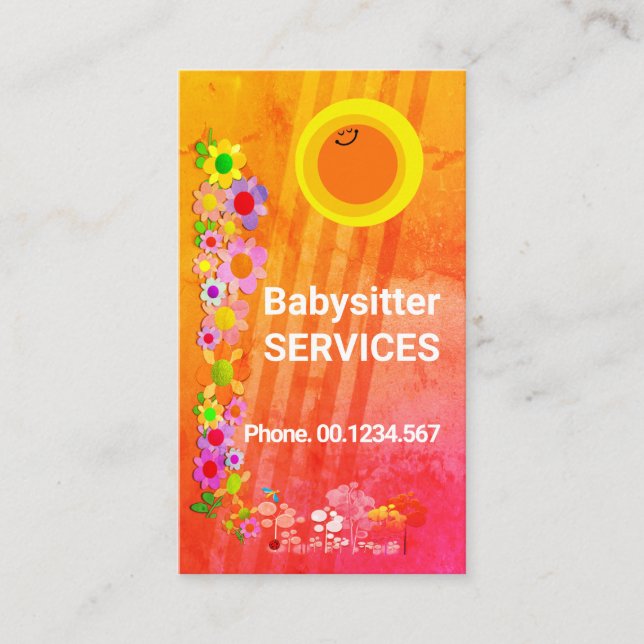 Smiling Sun Rays Colorful Flowers Daycare Nanny Business Card (Front)