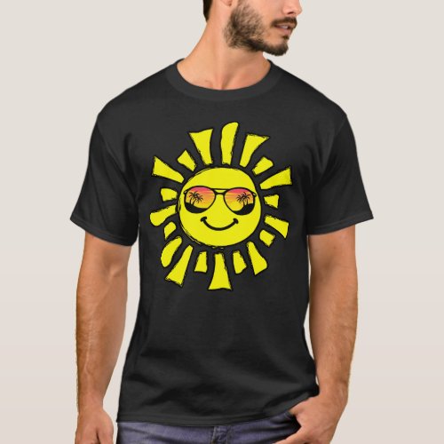 Smiling Sun Wearing Sunglasses with Palm rees  T_Shirt