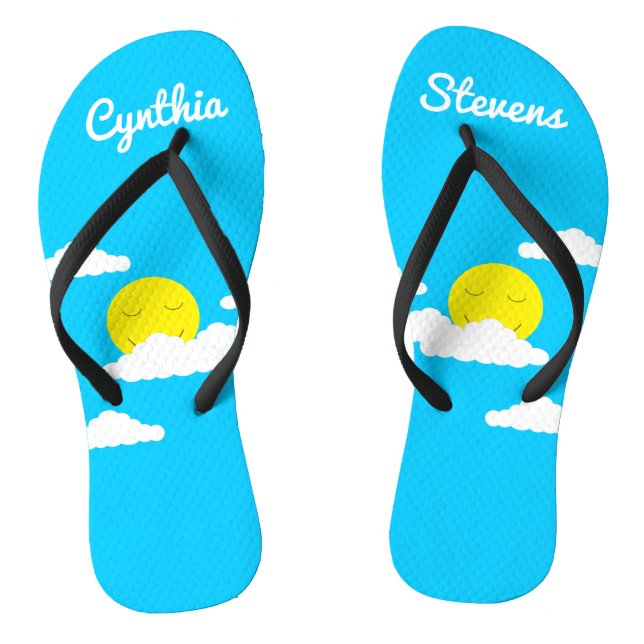 Smiling Sun with Clouds: Turquoise Flip Flops (Footbed)