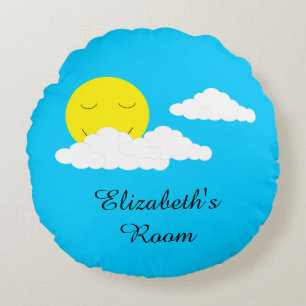 Smiling Sun with Clouds: Turquoise Round Pillow