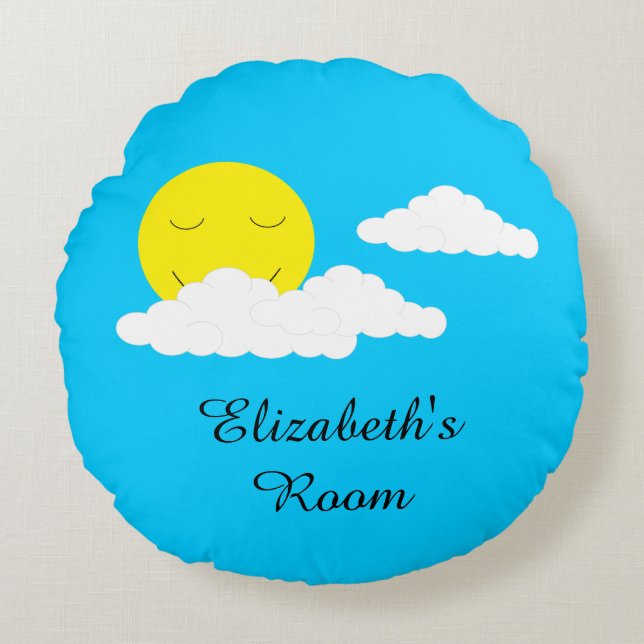 Smiling Sun with Clouds: Turquoise Round Pillow (Front)