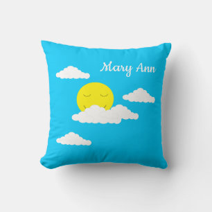 Smiling Sun with Clouds: Turquoise  Throw Pillow