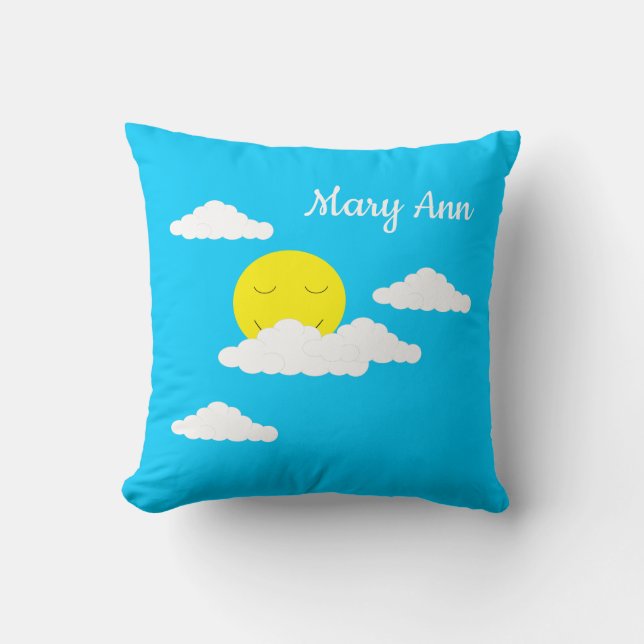Smiling Sun with Clouds: Turquoise  Throw Pillow (Front)