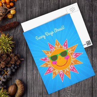 Smiling Sun With Glasses Orange Pink Rays Blue Postcard