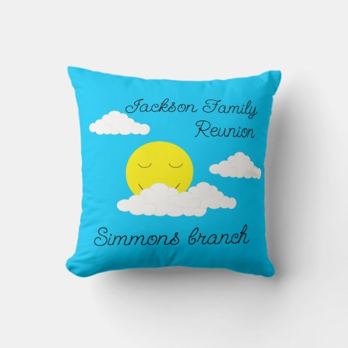Smiling Sun with Popcorn Clouds Family Reunion Throw Pillow