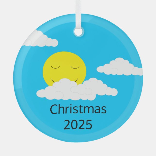 Smiling Sun with Popcorn Clouds: Glass Ornament (Front)