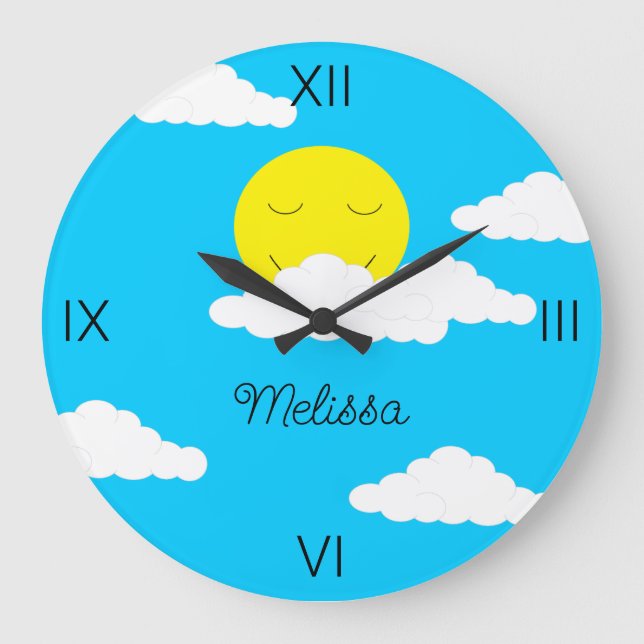 Smiling Sun with Puffy Clouds Large Clock (Front)