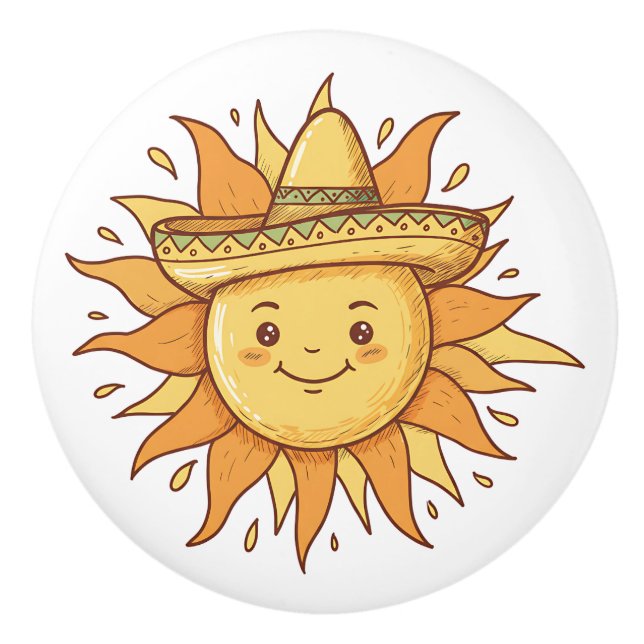  Smiling Sun with Sombrero - Sunny Fiesta Doodle Ceramic Knob (Front)