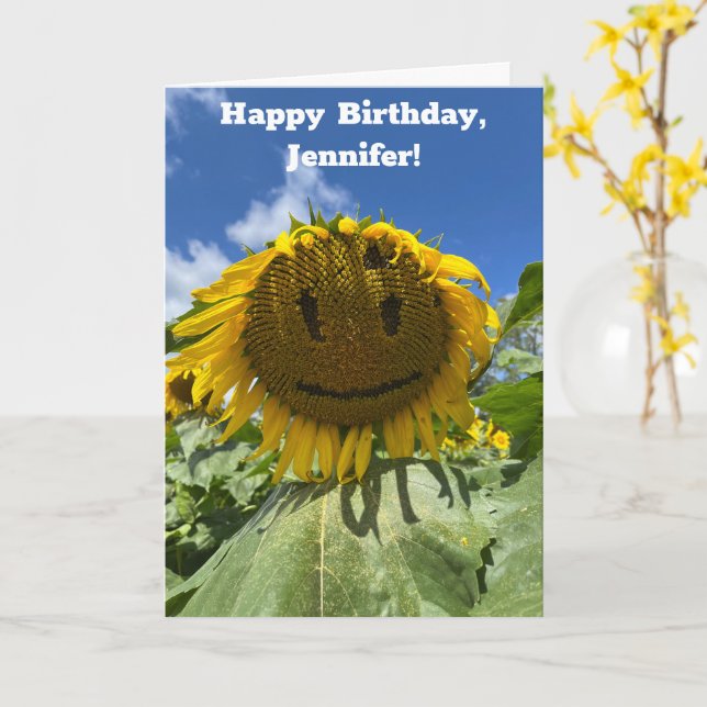 Smiling Sunflower Photo Custom Message Birthday Card (Yellow Flower)
