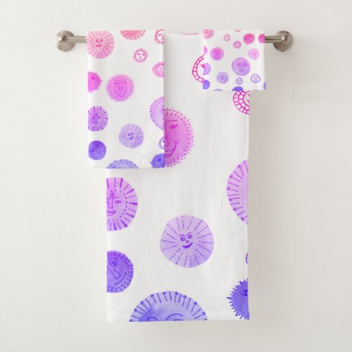 Smiling Suns Watercolor Whimsical Weird Pattern Bath Towel Set