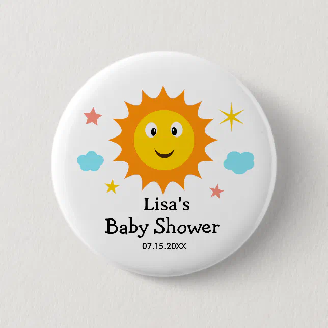 Smiling Sunshine Here Comes The Sun Baby Shower Button | Zazzle
