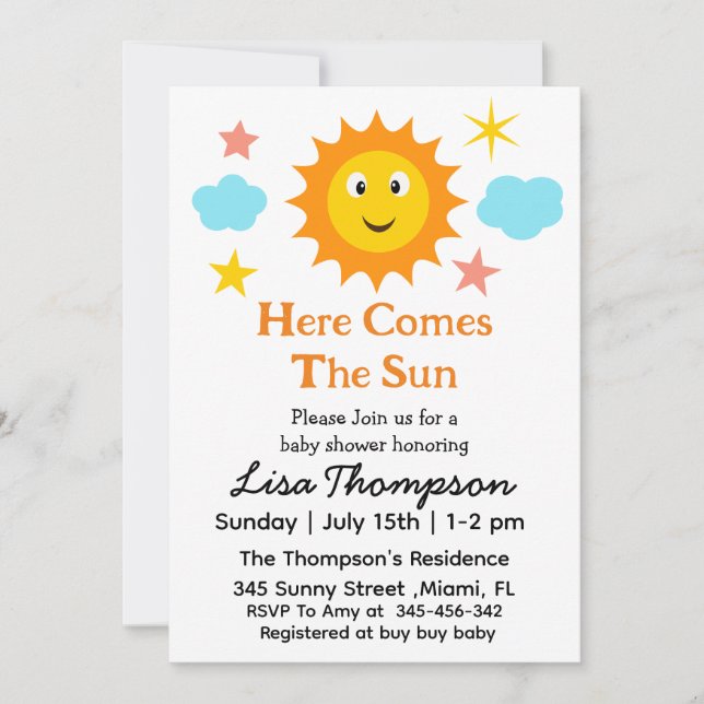 Smiling Sunshine Here Comes The Sun Baby Shower  Invitation (Front)