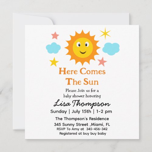 Smiling Sunshine Here Comes The Sun Baby Shower  Invitation