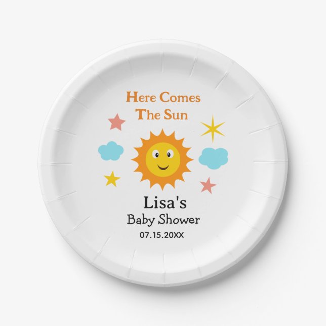 Smiling Sunshine Here Comes The Sun Baby Shower  Paper Plates (Front)