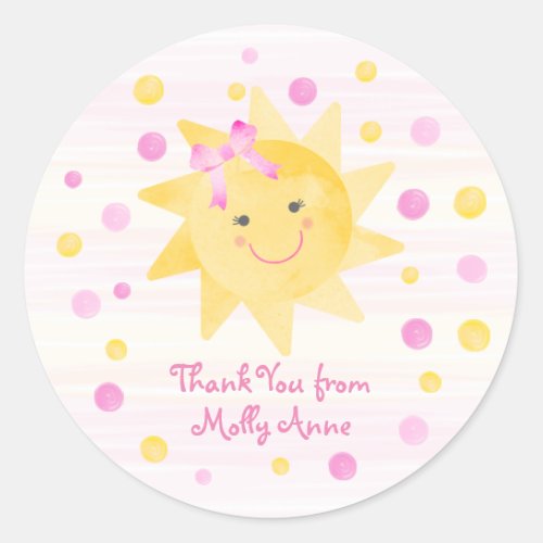Smiling Sunshine Pink Yellow Dots Girly Thank You Classic Round Sticker