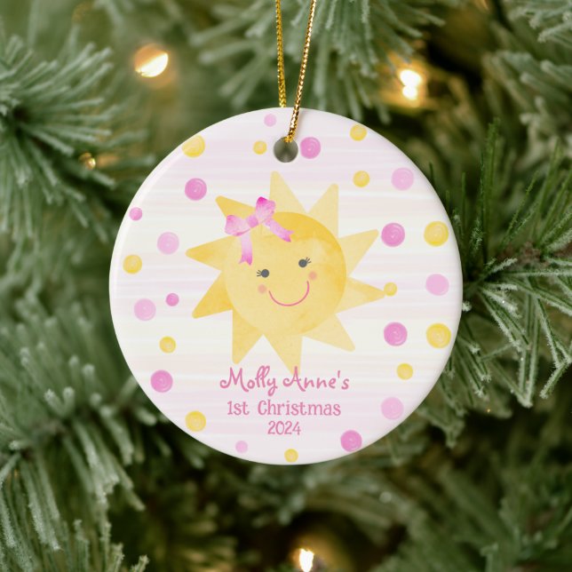 Smiling Sunshine with Bow Girls 1st Christmas Ceramic Ornament (Tree)